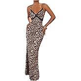 GORGLITTER Women's Cheetah Leopard Print Bodycon Maxi Dress Y2K Animal Print Lace Spaghetti Strap Cami Dresses