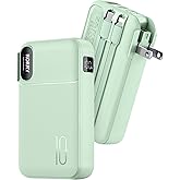 RORRY Portable Charger Built in Cables, AC Wall Plug In Portable Charger Power Bank 10000mAh Travel Battery Pack 22.5W Fast Charging for iPhone 17/16/15 Samsung Galaxy S24/S23/S22 Pixel LG iPad, Green
