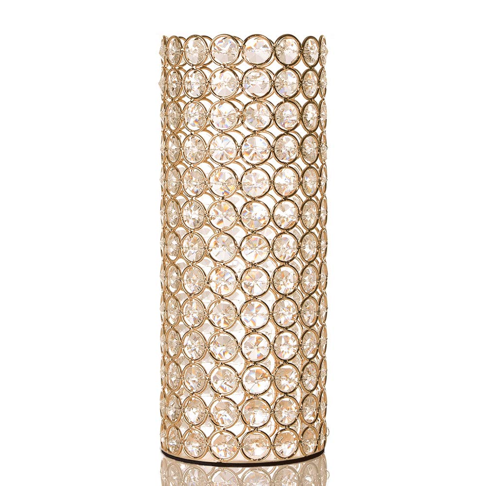 VINCIGANT Gold Crystal Cylinder Hollow Flower Vase Beads Decorations,Pillar Candle Holders for Holiday House Decor Wedding Centerpiece, Gift Box Package