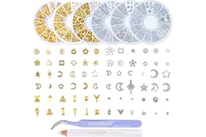DANNEASY 3d Nail Charms Metal Nail Art Studs Gold Nail Jewels Silver Hollow Star Moon Shell Flower Manicure Decoration Salon with 1pc Curved Tweezers, Wax Pen (6 Wheels)