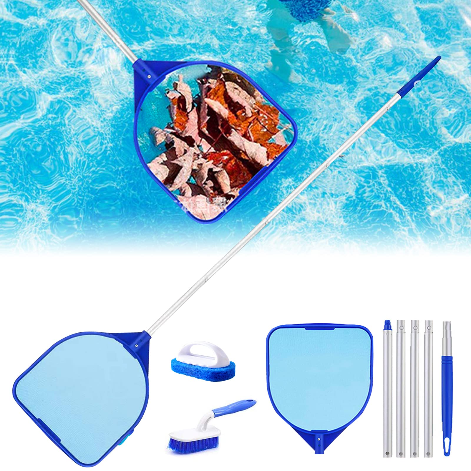 MAINOSHY Professional Pool Skimmer, Skimming Pool Net Fine Mesh Pond Nets Mesh Rake Net with 5-Section Aluminum Pole, Pool Brush for Pool Garden Pond Fountain Tubs Spa Fish Tank