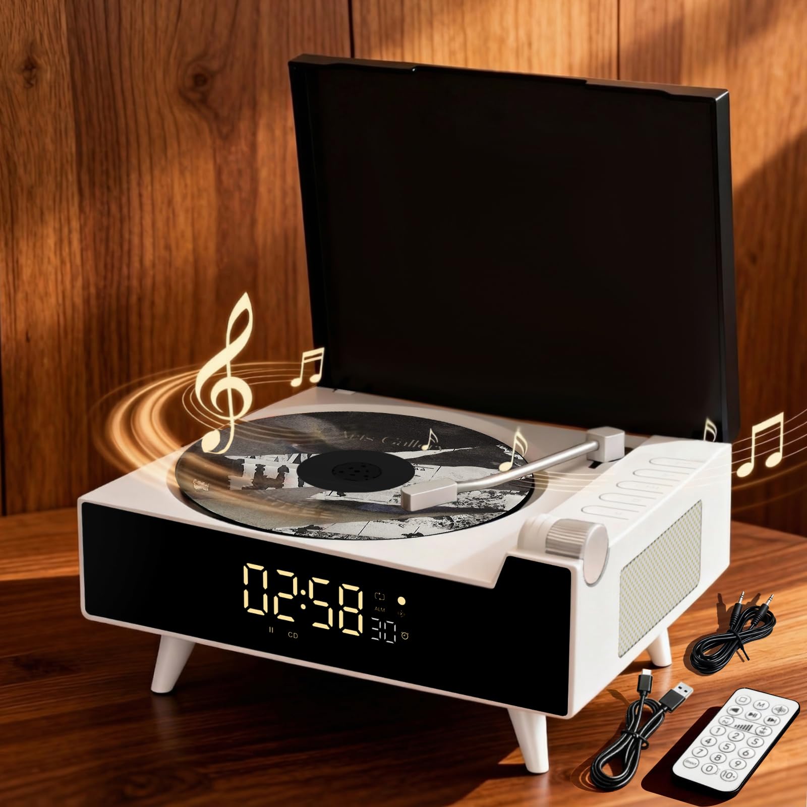 Photo 1 of Qobayleo 9-in-1 Portable Retro CD Player for Home with Built-in Hi-Fi Dual Stereo Speakers, Bluetooth, FM Radio, Remote Control & Timer, LED Display, Support USB/AUX/Type-C, Festival Gift, White