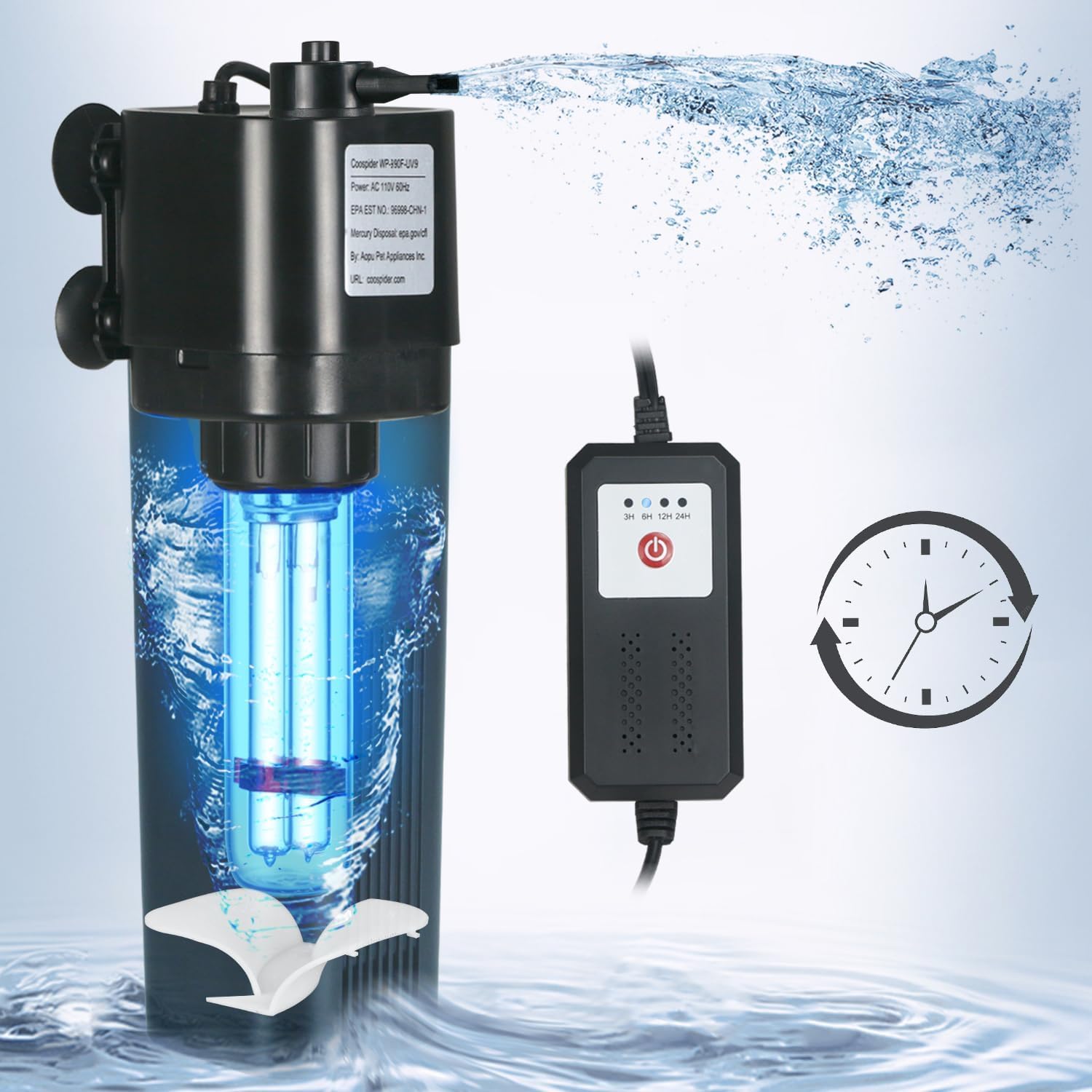 Photo 1 of Aquarium U-V Filter for 40-75 Gal, 211 GPH Swirl Turbo Design Submersible Internal Turtle Fish Tank Filter w/Timer, Quiet Power Pump Air Supply Green Clean Machine Saltwater Freshwater Green Killing