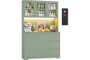 FINETONES 71" Kitchen Pantry Cabinet with LED Lights and Charging Station, Modern Kitchen Hutch Cabinets with Storage and Microwave Stand, Pantry Cabinet Buffet with Countertop, Green