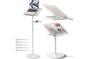 HAWEAH 2 in 1 Adjustable Book Stand - Dual-Use Floor and Desktop Book Holder Stand, Height Adjustable 23.5-52 in, Elastic Page Clips for Music Sheet, Recipe, Tablet, Laptop-White