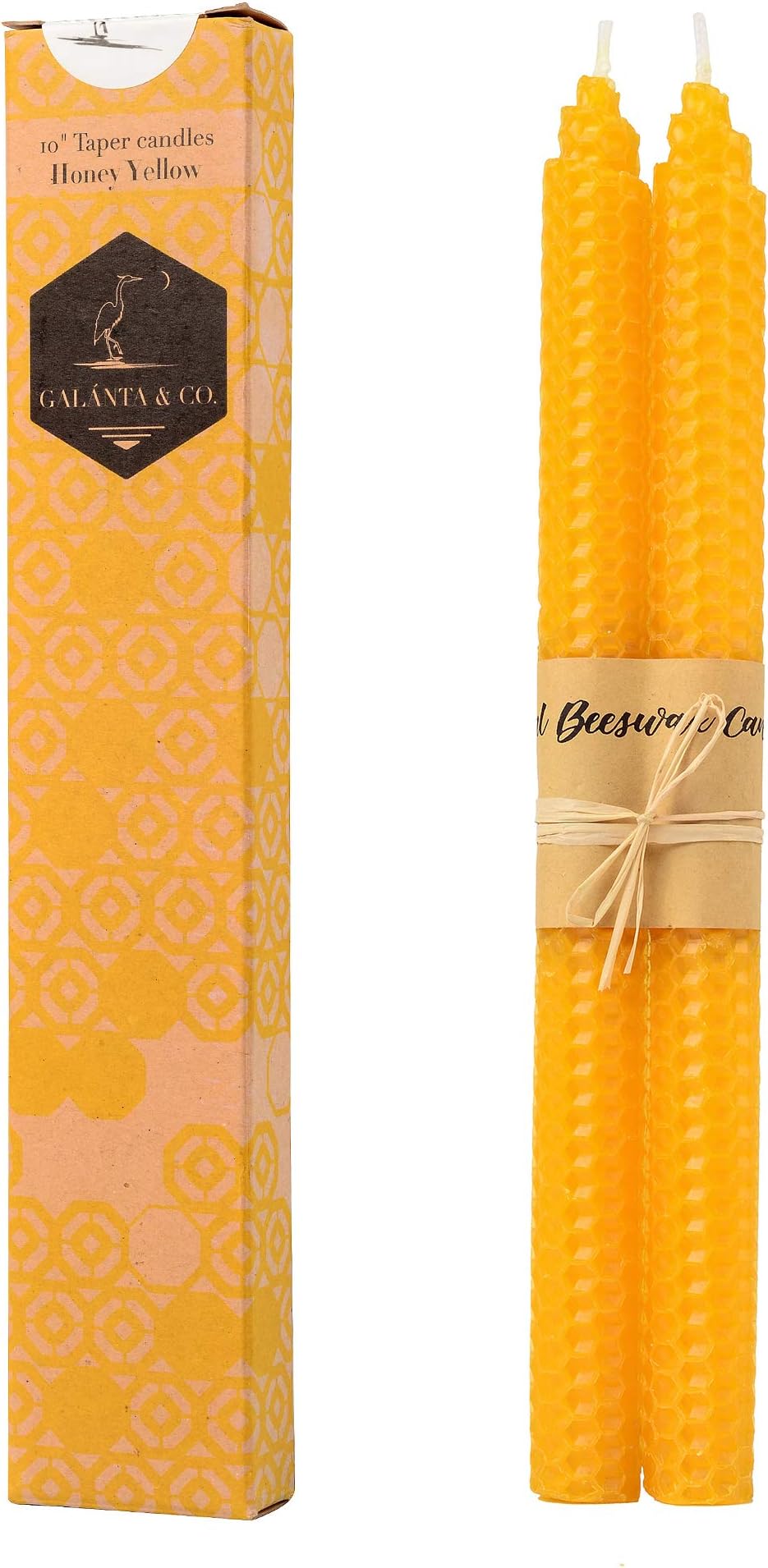 100% Beeswax Handmade Taper Candles (Orange) - 10 Inch Smokeless Dripless Pair - Natural Subtle Honey Smell - Elegant Honeycomb Design — By Galánta & Co.