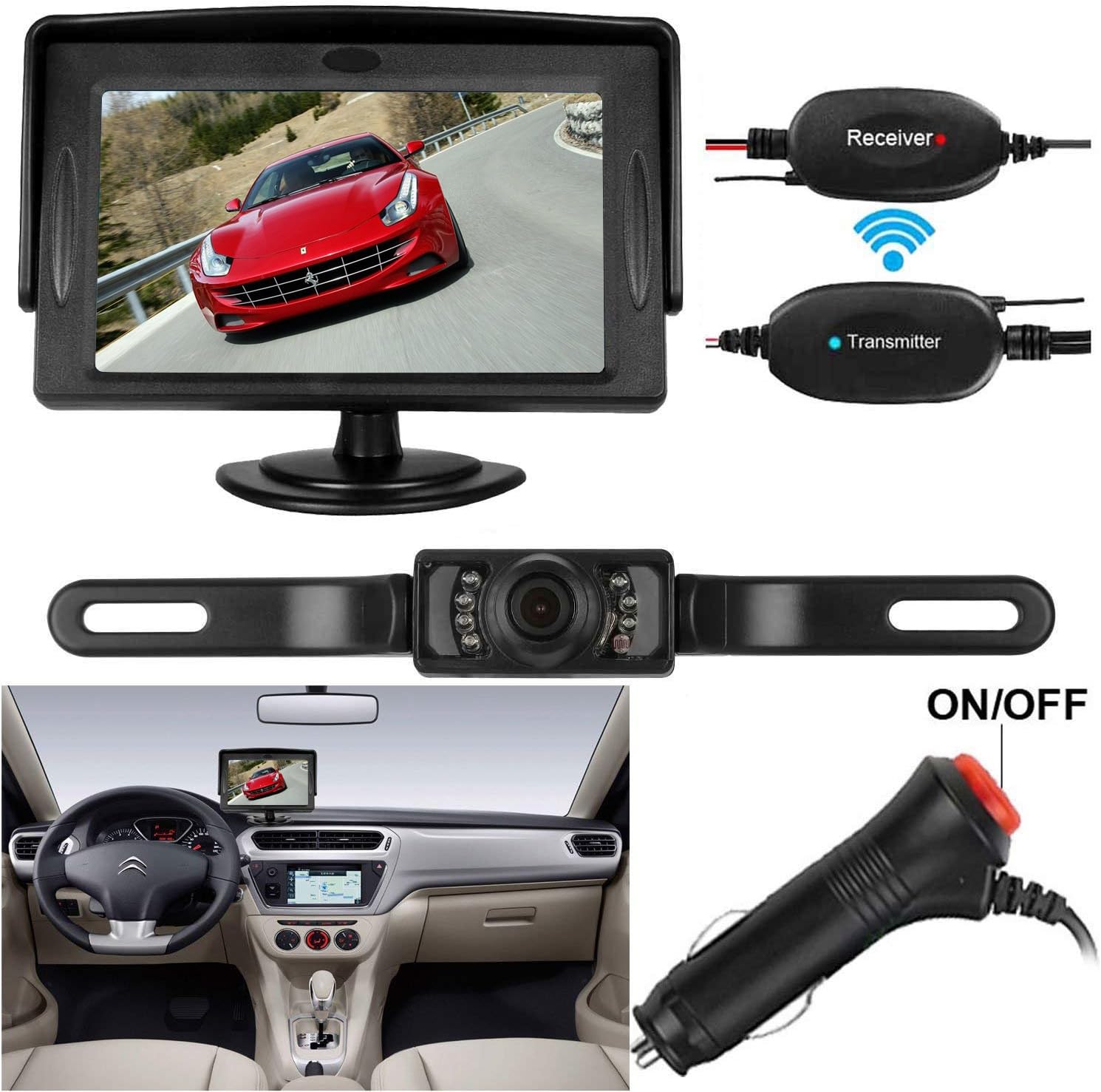 Wireless Backup Camera and Monitor Kit Waterproof License Plate Rear View Camera 9V-24V Parking System 4.3 Display 7 LED IR Night Vision For Car/Vehicle/SUV/Van/Campe (Wireless 4.3 Desktop)