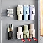 Magnetic Cup Holder for Fridge, Aufworld Tumbler Organizer Fits 20/30/40 oz Stanley Cups, Accessory Storage with Lid & Straw Holder, Space-Saving Storage Rack for Kitchen Fridge (Black-Cup Holder Set)