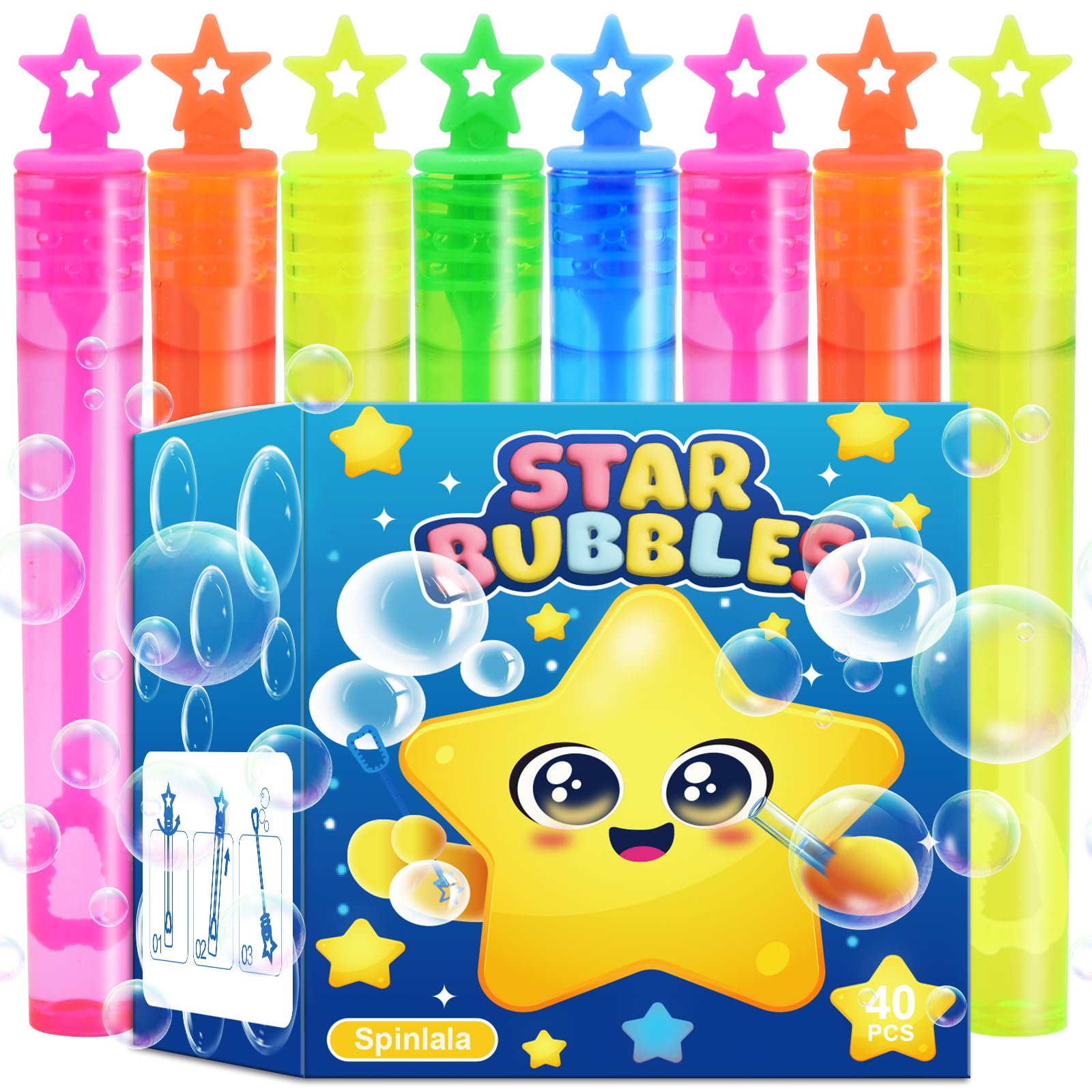 Photo 1 of 40 Pack Bubbles for Kids Party Favors - 5 Colors Mini Stars Bubble Wand Bulk with Bubbles Refill Solution Toys for Carnival Christmas Fiesta Easter Basket Goodie Bag Stuffers Birthday Gifts Supplies