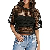 Women's Mesh Top Fishnet T Shirts Sheer Short Sleeve See Through Crop Tops | Loose Crew Neck Tee,80s 90s Rave Outfit,Party Concert,Going Out Cover UP