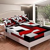 Feelyou Geometric Fitted Sheet Full Size Kids Red White Black Bedding Set for Boys Girls Teens Rectangle Square Bed Sheet Set Modern Abstract Art Bed Cover Deep Pocket Room Decor