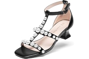 DREAM PAIRS Girls Sandals Ankle Strap T-Strap Low Heel Pearl Flower Pump Dress Wedding Party Square Toe Shoes for Little Kid/Big Kid