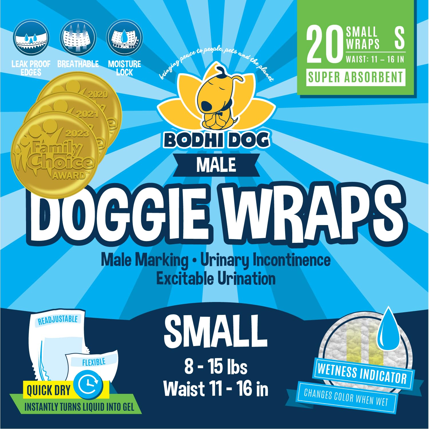 Photo 1 of Bodhi Dog Disposable Male Dog Diapers - Super Absorbent, Leak-Proof Pee Wraps - Adjustable Fit, Comfortable Design, Advanced Moisture Control, and Wetness Indicator - Small (20 Count)