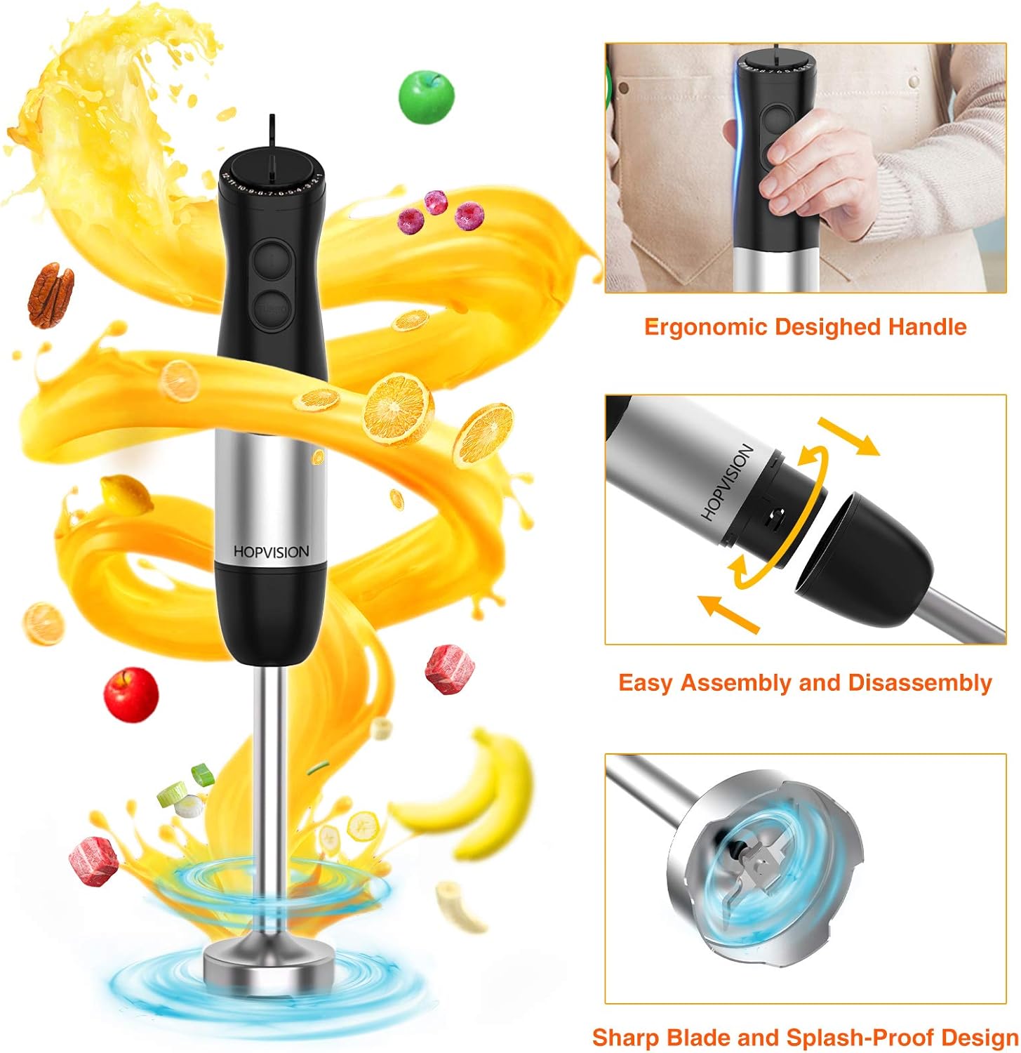 Immersion Blender, HOPVISION 1000W 12-Speed Hand Blender, 5-in-1 Hand Blender Set with Turbo Mode, Includes Stainless Steel Stick Blender, 500ml Chopper, 600ml Beaker, Milk Frother and Whisk, BPA-Free: Kitchen & Dining