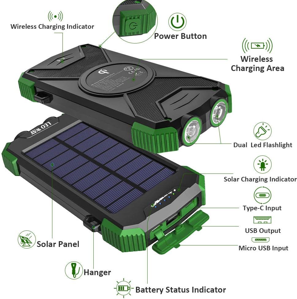 Solar Charger, 10000mAh Solar Power Bank, Qi Wireless Charger, Portable Charger for iPhone, External Battery Pack, Dual Flashlight, Compass, Solar Panel Charging for Outdoor Camping by LEO WAY, Green: Garden & Outdoor