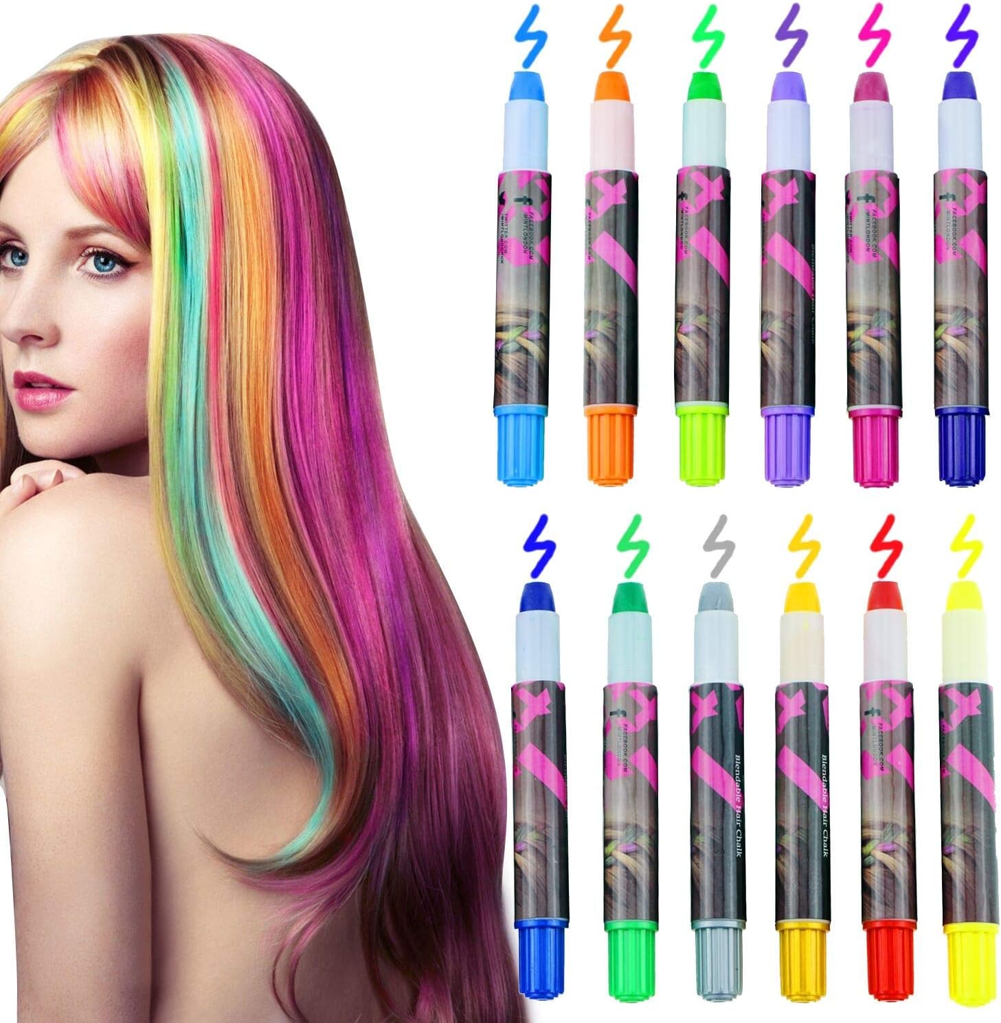 Hair Chalk, 12 Colorful Temporary Hair Color,Hair Chalk for Kids,Hair Chalk Pens,Metallic Glitter Hair Coloring Chalk,Washable＆ Non-Toxic,Presents for Kids Teen Adult