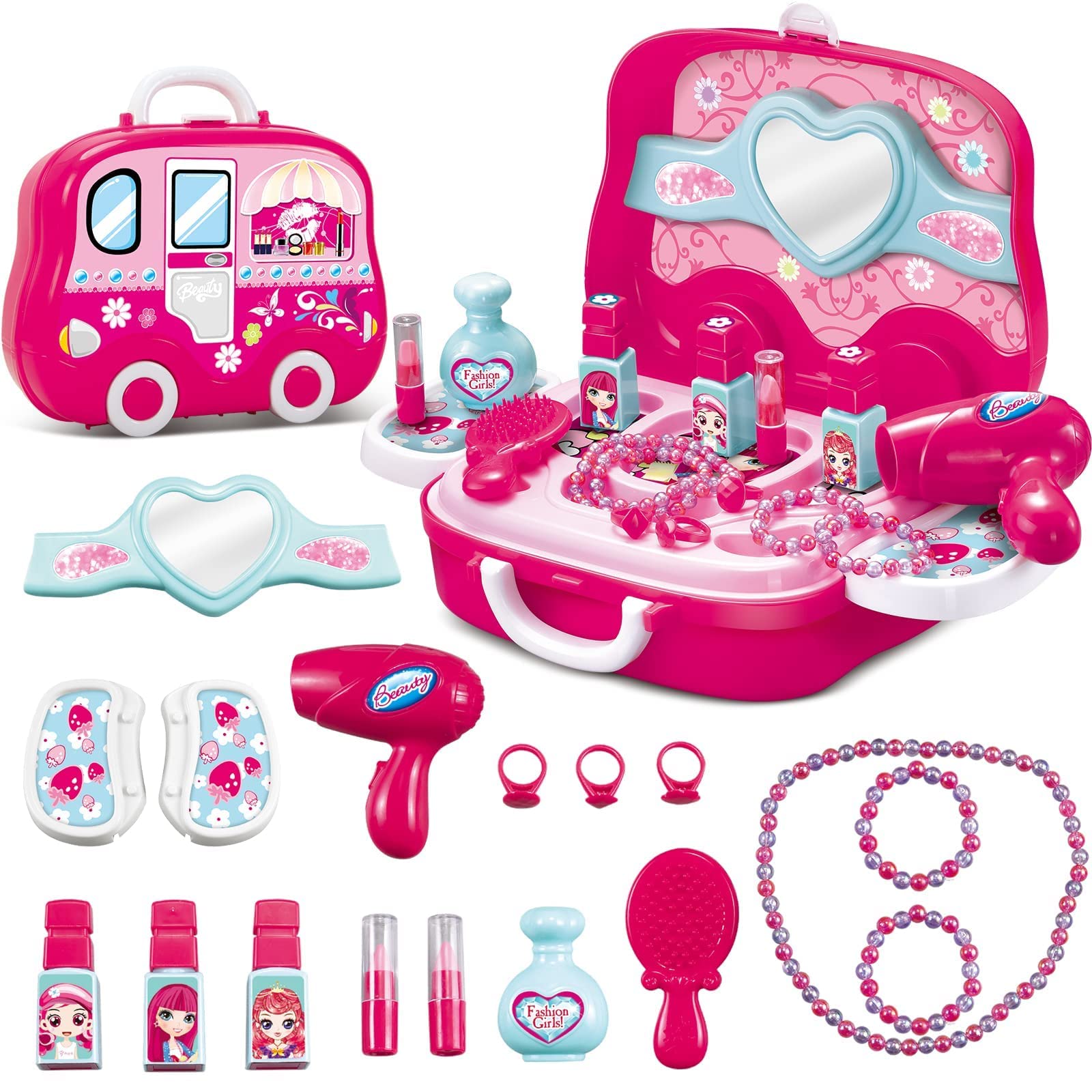 zalati Makeup Box Toys Set 18pcs Jewelry with Travel Suitcase Style Toy Set for Kids Role Play Pretend Fun