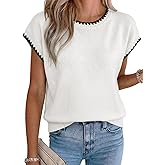 Acelitt Women's Contrast Ruffle Trim Knit Top Crew Neck Cap Sleeve Lightweight Sweater Vest Casual Loose Fit Pullover Blouse