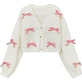 SHENHE Girl's Bow Button Down Knitted Cardigan V Neck Loose Cute Crop Sweater Outwear