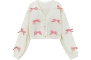 SHENHE Girl's Bow Button Down Knitted Cardigan V Neck Loose Cute Crop Sweater Outwear