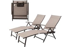 Kozyard Cozy Aluminum Reclining Lounge Chair for Beach Yard Pool Deck Patio - Outdoor Chaise Lounge with Drink Holder, Weather Free, Adjustable - Assemble-Free (2 Pack, Beige)