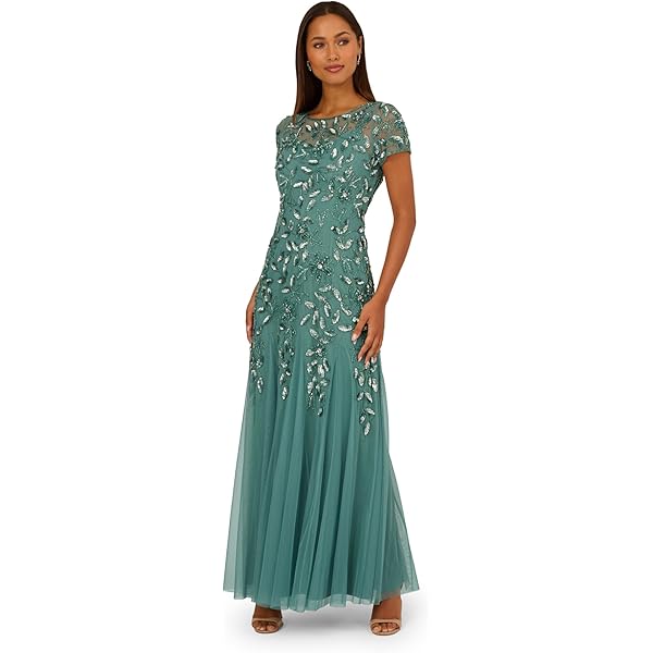adrianna papell woodland fairy green dress Green Hand Beaded Short Sleeve Floral Godet Gown