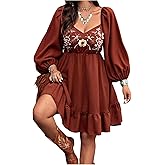 BEAUDRM Women's Floral Embroidered Long Sleeve Dress Sweetheart Neck Western Cowgirl Outfits Flowy Boho Fall Dresses