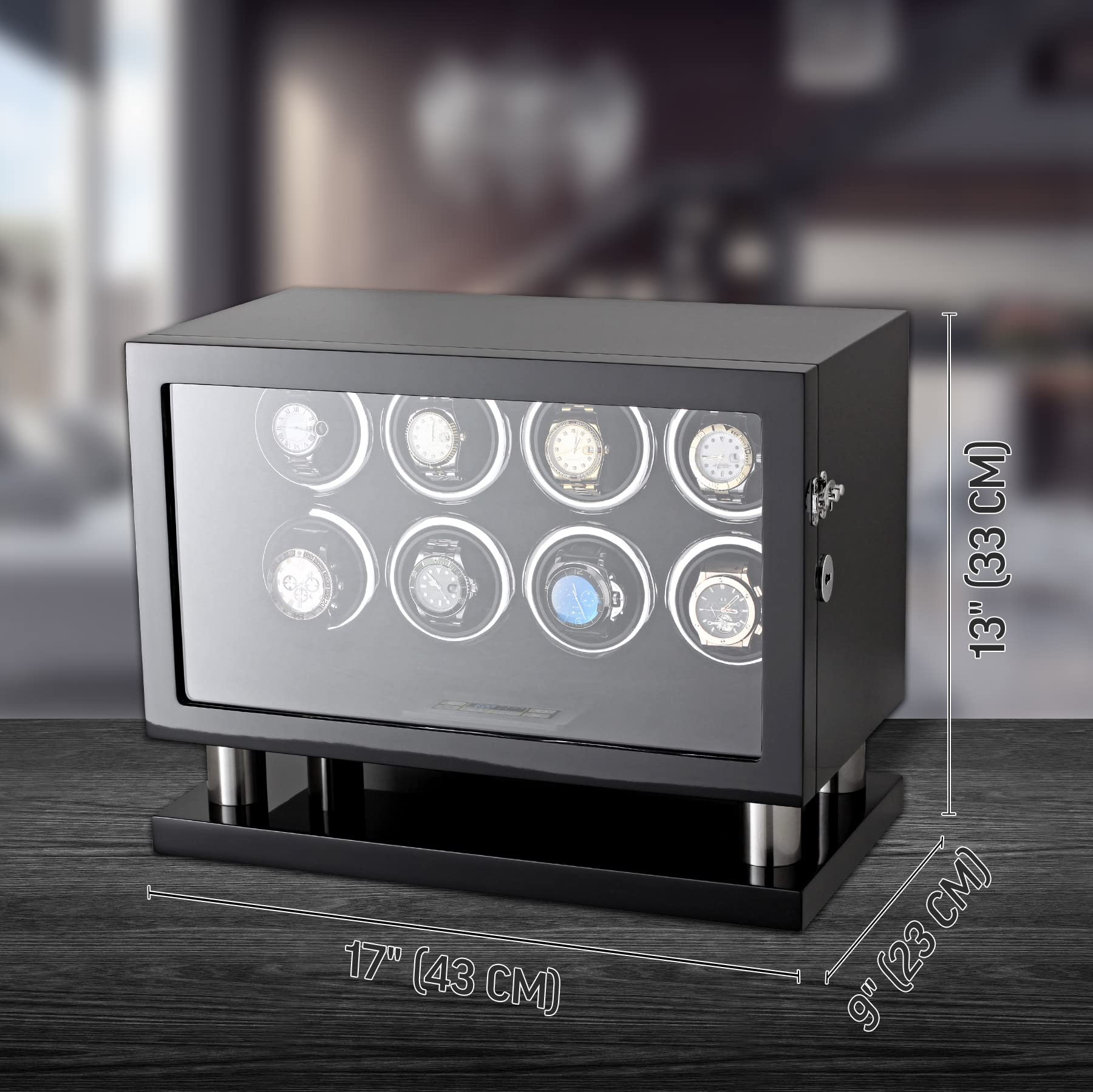 Watch Winder for 8 Automatic Watches with LED Backlight and LCD Touchscreen Control (Black + Black)