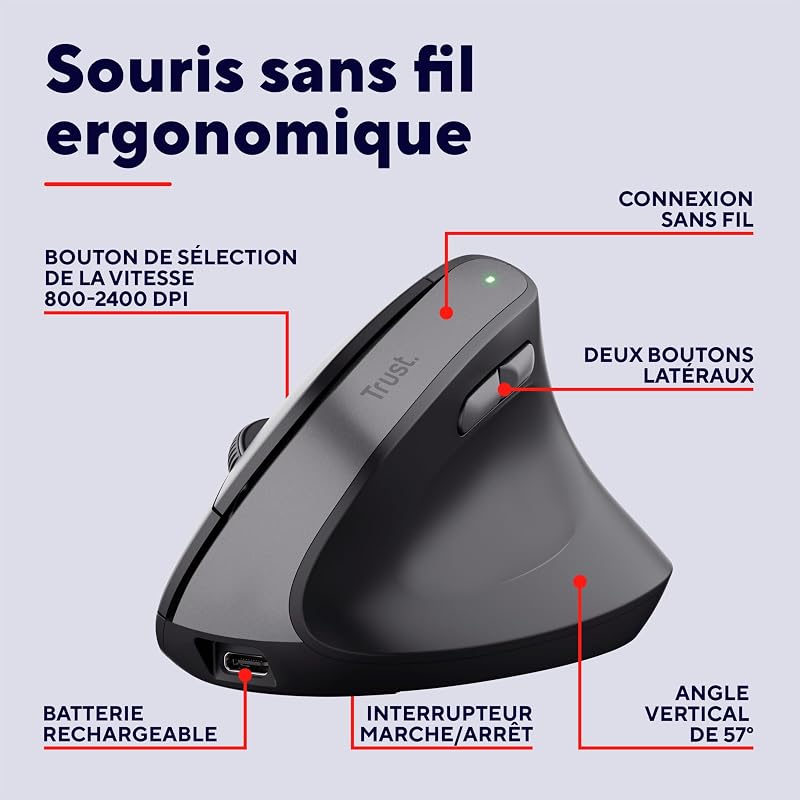 Yuno Souris Ergonomique sans Fil, Souris Verticale Rechargeable, Noir