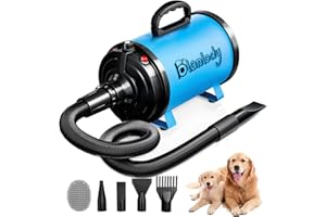 Blanlody Dog Dryer Pet Hair Blower High Velocity for Grooming, Blow 3800W/5.2HP for Large Dogs Sechoir Pour Chien with Stepless Adjustable Speed, 4 Different Nozzles and Dog Brush,Blue