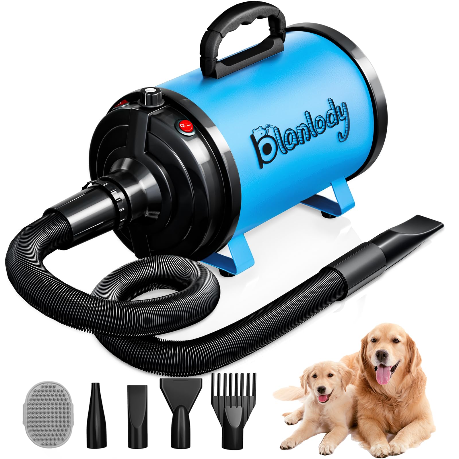 Photo 1 of Blanlody Dog Dryer Pet Hair Blower High Velocity for Grooming, Blow 3800W/5.2HP for Large Dogs Sechoir Pour Chien with Stepless Adjustable Speed, 4 Different Nozzles and Dog Brush,Blue