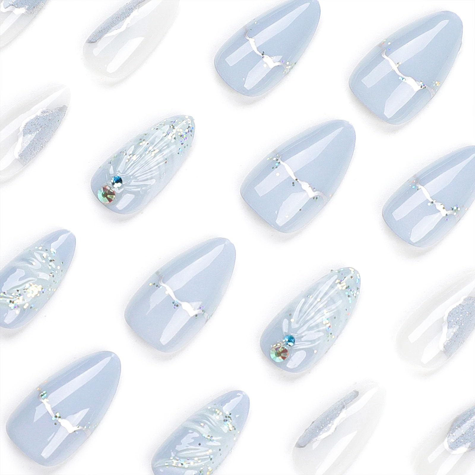Almond Press on Nails Medium Fake Nails with 3D Seashell & Rhinestone Charms Designs Glossy Glue on Nails Summer Acrylic Nails Glitter Sequins False Nails Light Blue Stick on Nails for Women 24Pcs - Image 2