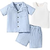 ADXSUN Kid Toddler Boy Clothes Short Sleeve Button-Down Shirt+Shorts+White Vest Summer Clothing Set 2-12 Years