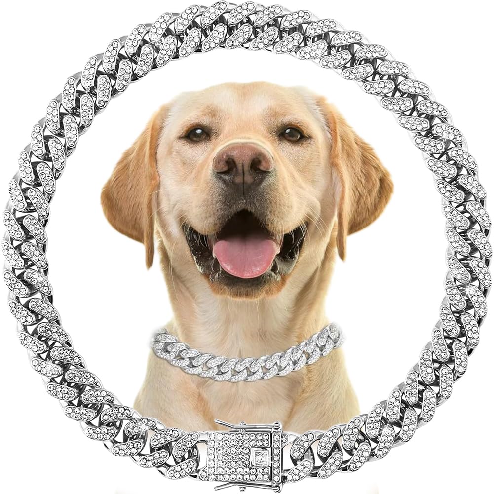 Photo 1 of Silver Dog Chain Collar with Bling?Glitter Diamond Rhinestone Sparkly Small Dog Collars,Dog Chain Necklace for Small Medium Large Pet Dogs Cats?14 Inch