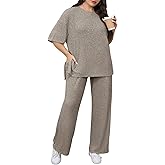 Beautife Womens Plus Size 2 Piece Lounge Sets Ribbed Short Sleeve Tops and Wide Leg Pants Set Travel Airport Outfits