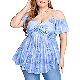 ROSE GAL Rosegal Women Plus Size Cold Shoulder Top Galaxy Moon Star Twist Chains Hollow Out Ombre Tie Tee