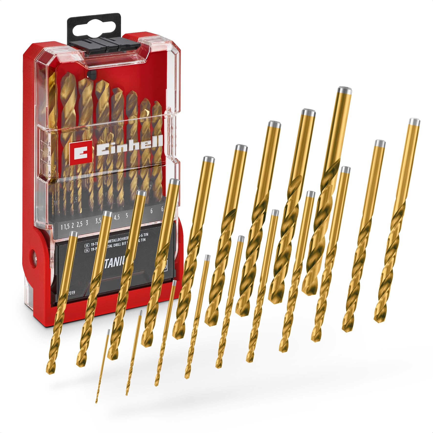 Original Einhell 19-Piece HSS-G Titanium Metal Drill Bit Set (Fully Ground HSS 4341 Steel, Titanium-Coated, 135° Split-Point Tip, Milled Type N Spiral, Round Shank)