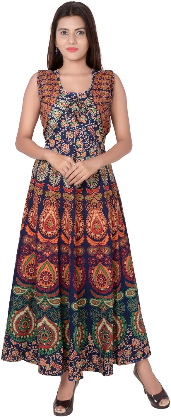 Jaipuri Fashionista Cotton Women's Maxi Long Dress Jaipuri Printed with Atteched Jacket (Free Size Upto 44-XXL)