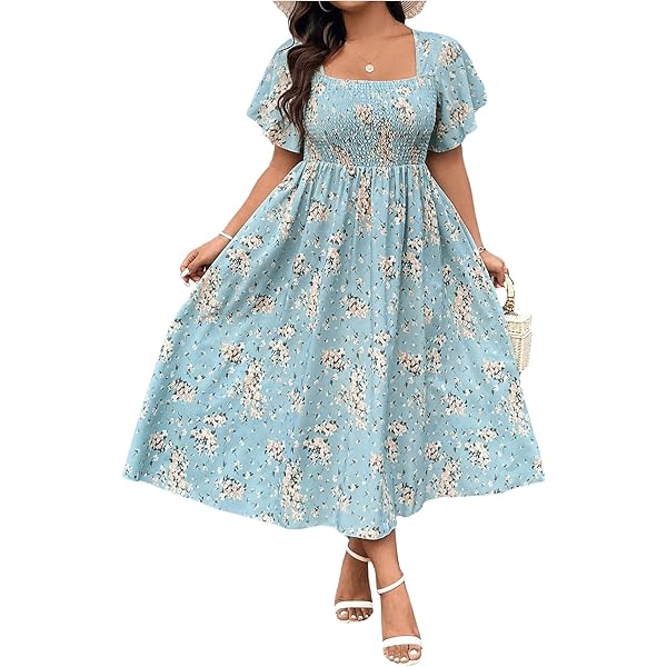 MakeMeChic - Vestido Largo De Verano Para Mujer, Manga Corta, Cuello Cuadrado, Con Volantes, Cintura Alta, Con Estampado Floral, Azul Y Blanco, M