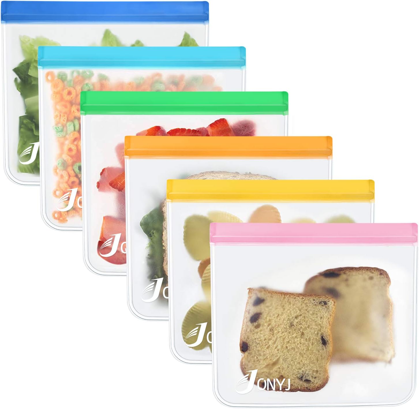 Reusable Storage Bags 6-Pack, JONYJ Leakproof Reusable Lunch Sandwich Bags, Food Grade PEVA Kids Snack Bags, Extra Thick Ziplock Bags for Food Snacks, Make-up, Stationery, Travel Home Organization
