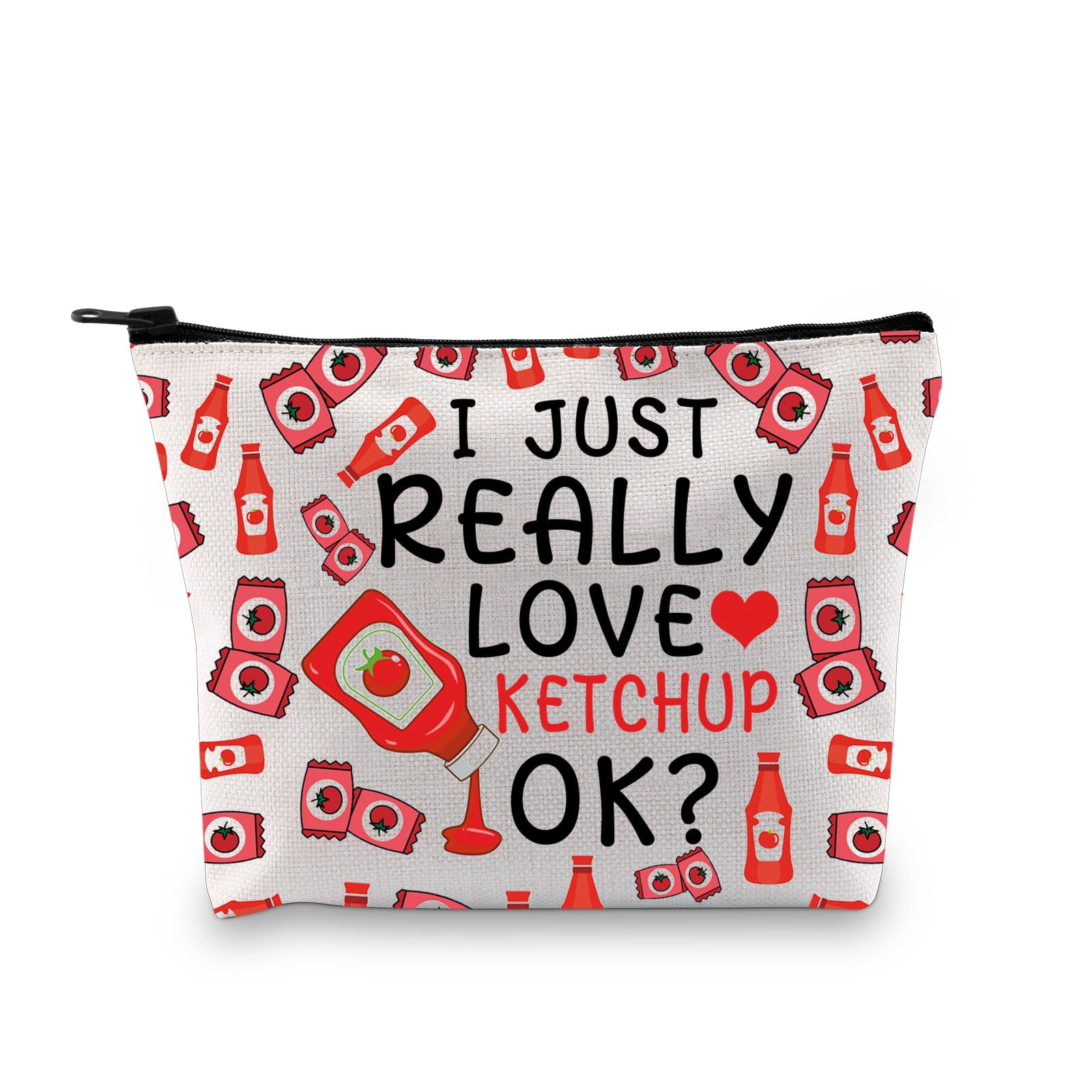 LEVLO Ketchup Lover Cosmetic Bag - Red, Zipper, Waterproof, Durable, Cartoon Pattern - 23cm x 18cm x 18cm - Ideal for Travel, Work, Business, On-the-go