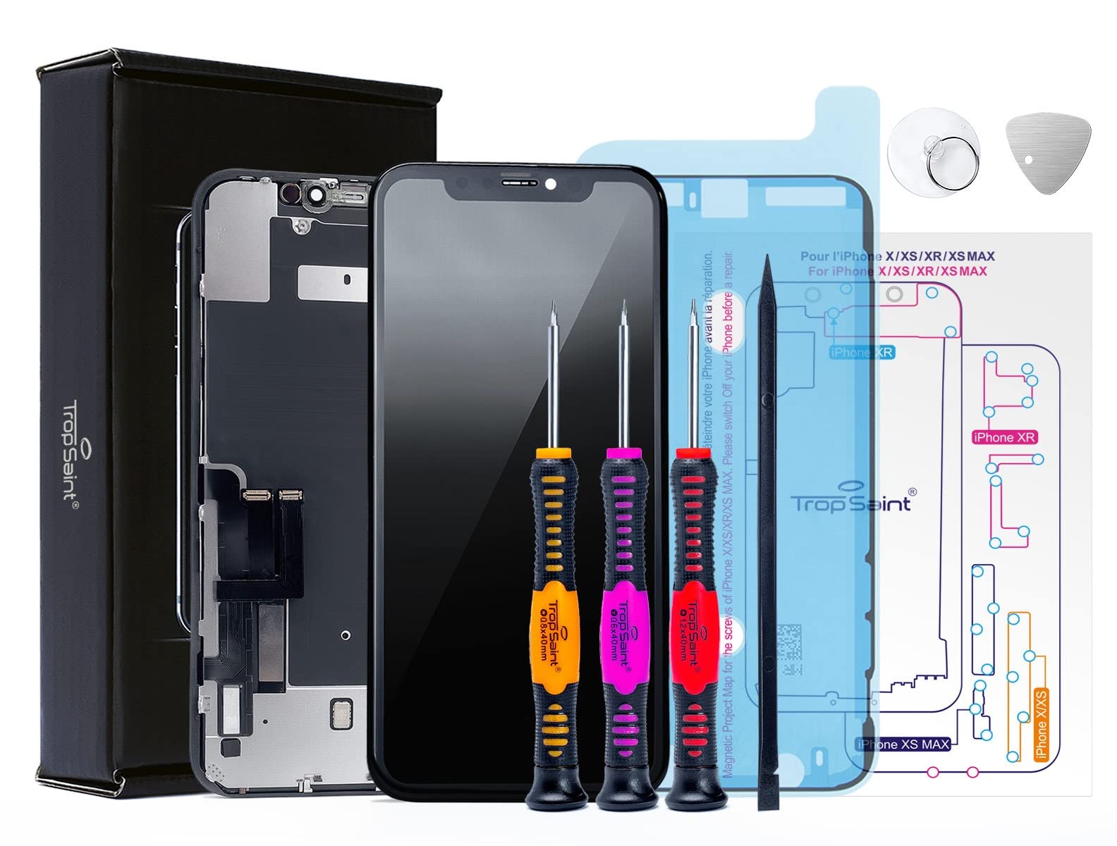 Trop Saint® Display Compatible with iPhone XR - Black Touch LCD Screen Kit - With Tools and Waterproof Seal