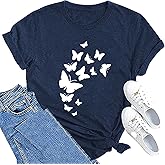 Butterfly T-Shirts for Women - Butterfly and Flowers Print Casual Short Sleeve Top for Insect Lovers