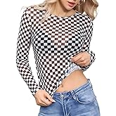 ZogoBrolga Womens Mesh Tops Lace Long Sleeve Shirts Crew Neck Sexy Fitted See Through Patry Blouse