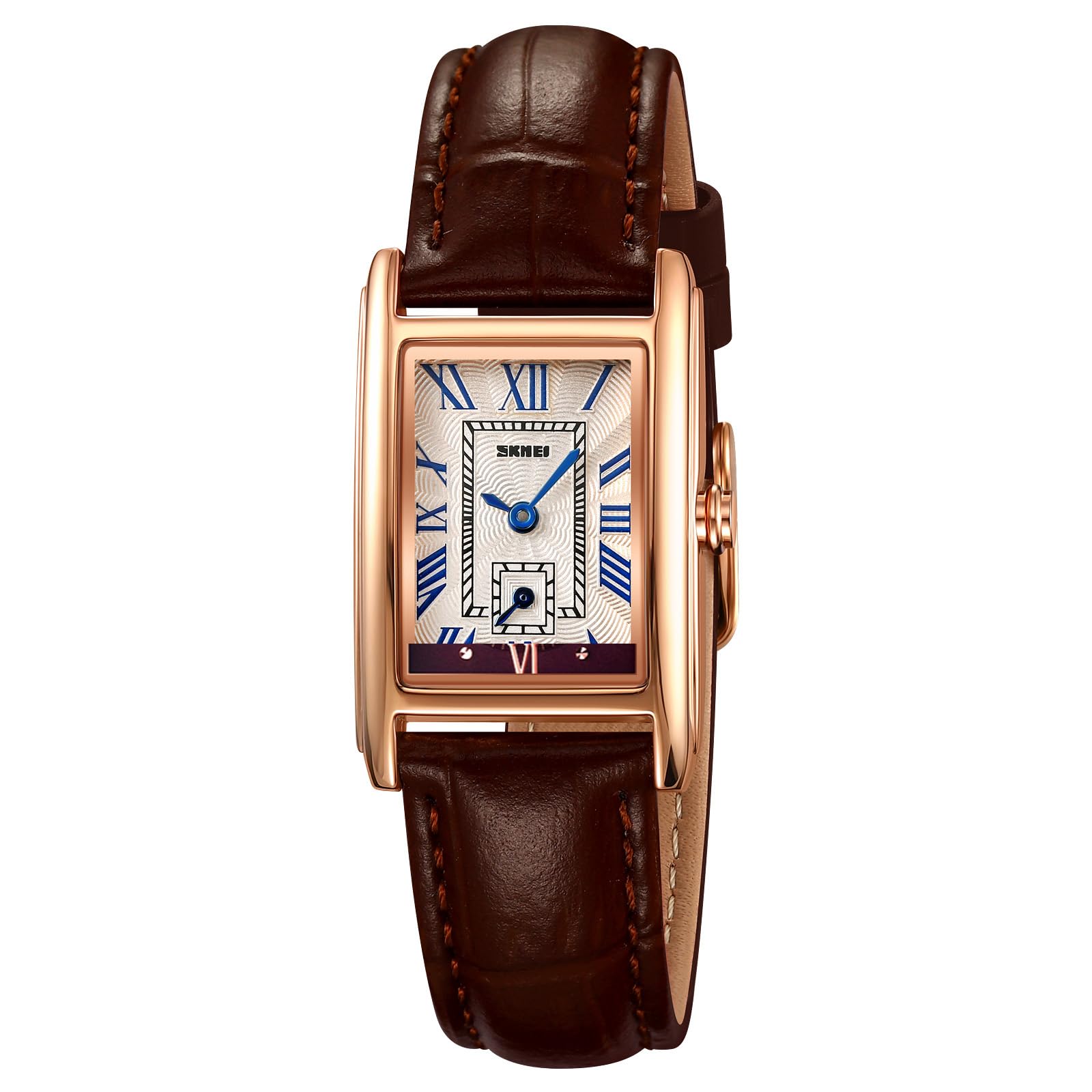 Women Quartz Watch Lady Stylish Rectangle Dress Watch with Leather Strap and Blue Crystal Crown, Small Gold, Modern, Vintage, Classic, Elegant