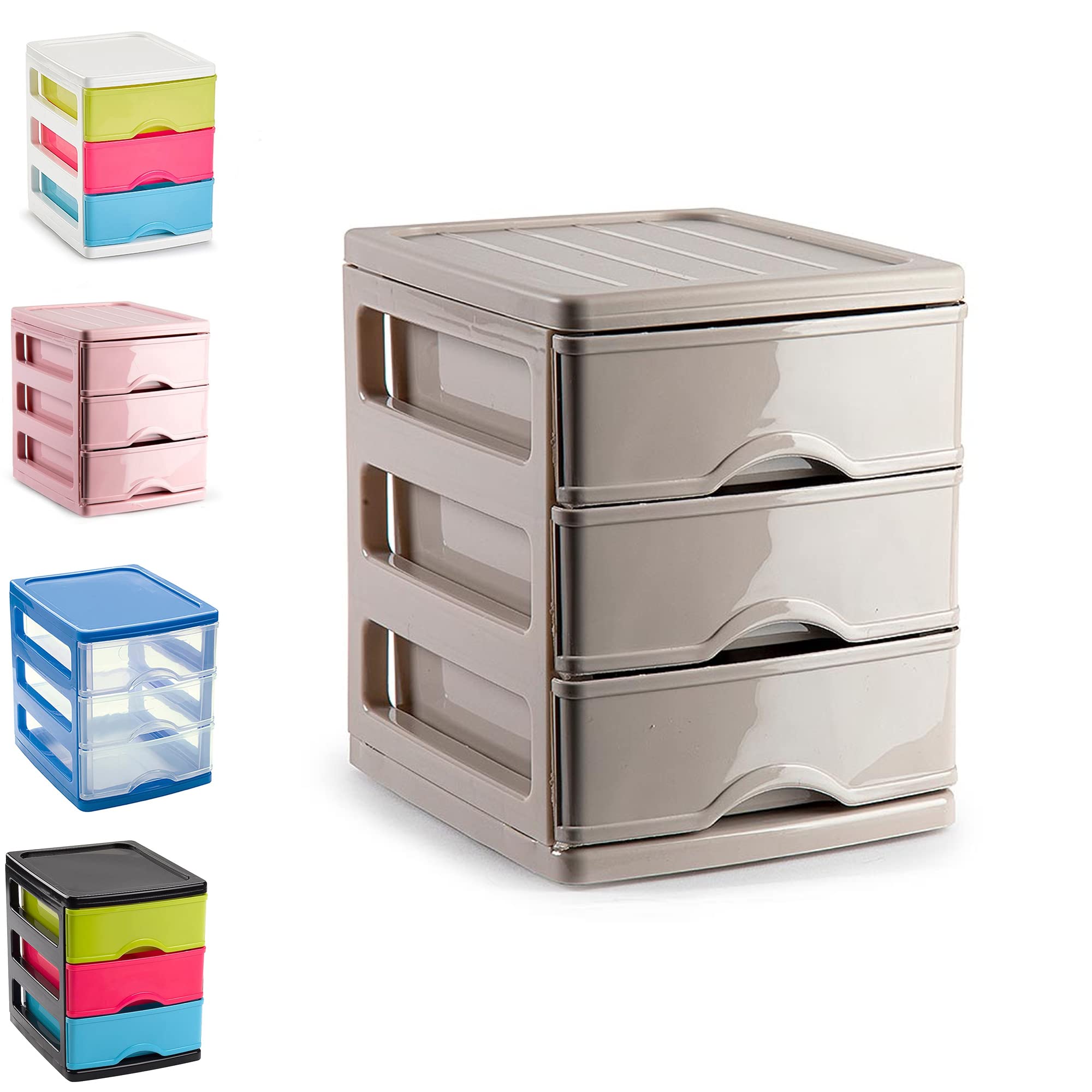 Plastic 3 Drawers Desktop Storage Unit with Drawers, Stationary Arts Drawer Desktop Tabletop Organiser Storage Tower Unit for Office Bedroom Garage (17 x 13.5 x 17cm, Taupe)