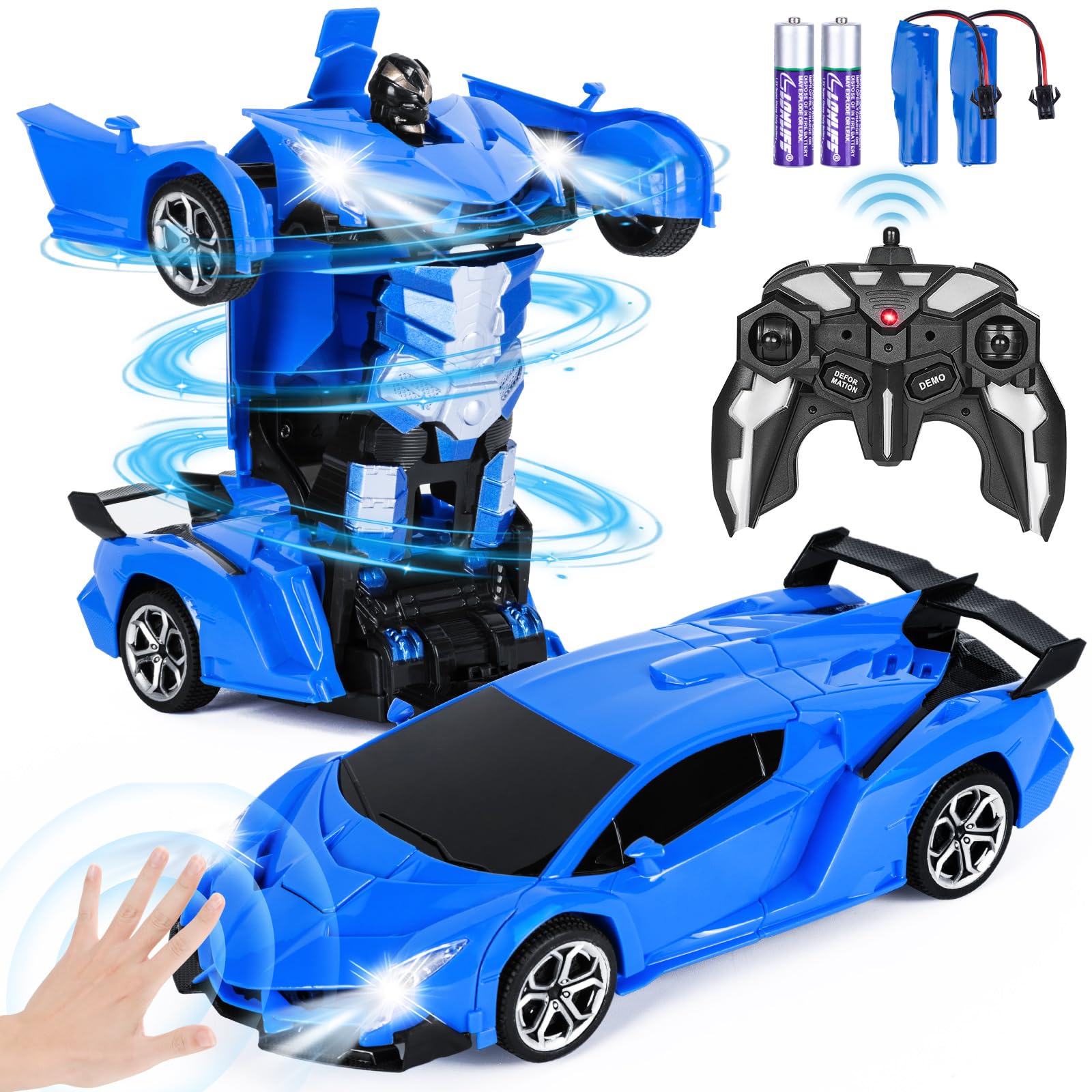 Highttoy Transforming Remote Control Car with Hand Gesture Sensing, Lights & Music, 2.4GHz 360° Rotation 1:18 RC Car Robot Toys Gifts for 3+ Year Old Boys, Blue