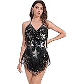 IWEMEK Sequin Sparkle Stars Fringes Bodysuit Leotard Rave Outfit for Women Music Festival Latin Dance Tassel Fringe Romper