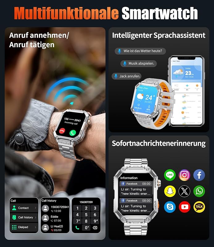 Smartwatch Herren mit großem 2,01" HD-Bildschirm, 2 Armbänder, Bluetooth-Anrufe, Herzfrequenz & SpO2-Messung, 120+ Sportmodi, IP68 wasserdicht Sportuhr iOS/Android, Silber — Foto 3 von 7