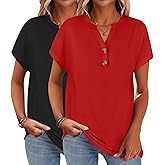 INNOVATOP 2 Pack Womens T Shirts V Neck Short Sleeve Henley Tops Work Business Casual Blouses Summer Dressy Casual Clothes